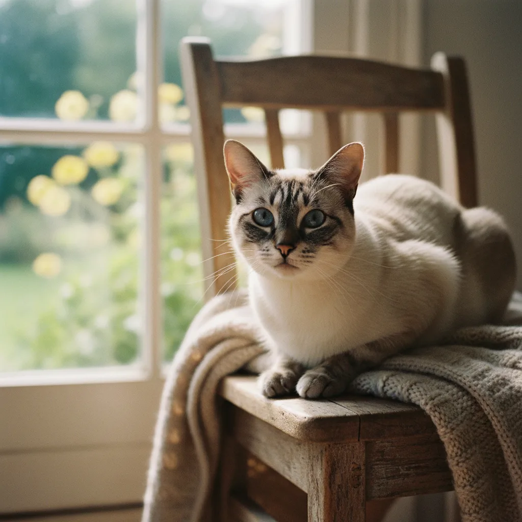 Luna, gata siamesa de ojos azules, en una silla junto a la ventana