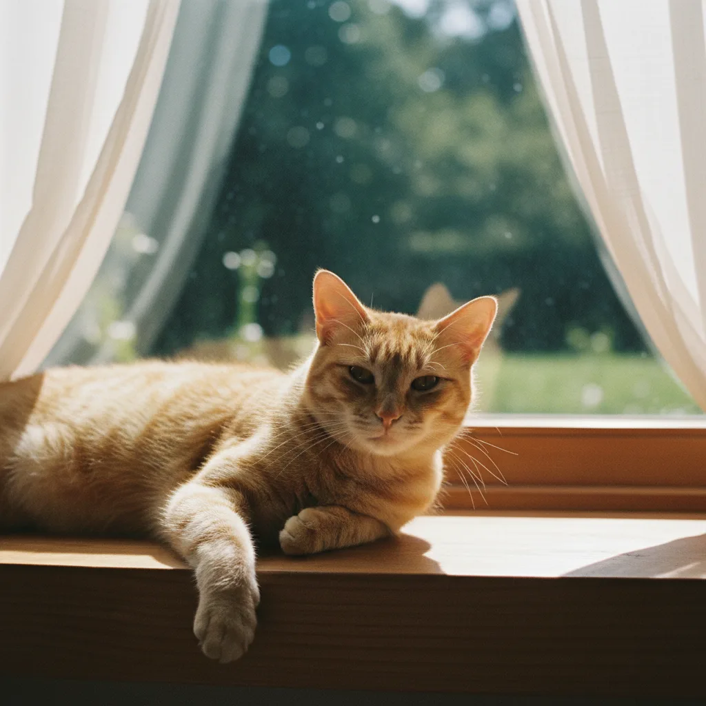 Mostaza, gato naranja, recostado en la ventana