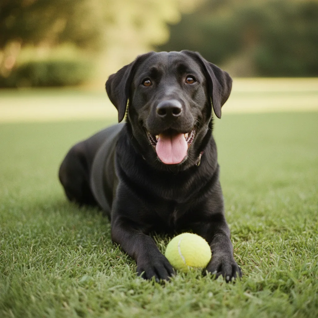 Rocco, labrador negro, echado en el pasto con su pelota