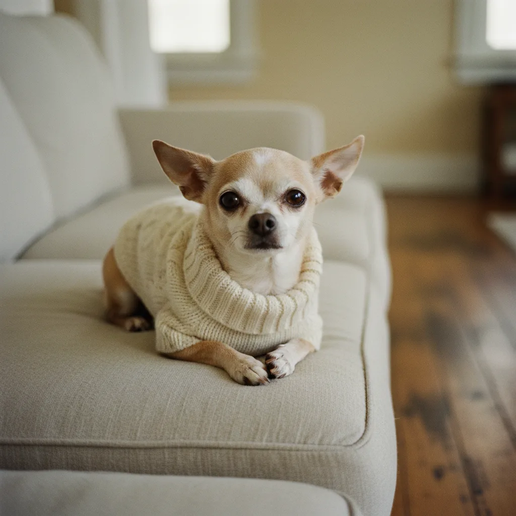 Tobi, chihuahua de hocico gris con suéter tejido