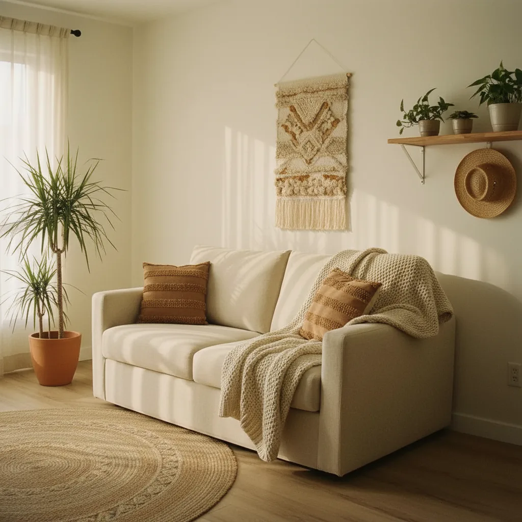 Sala con sillón de lino y luz de la tarde; una persona dibujada abraza a su gato en el piso